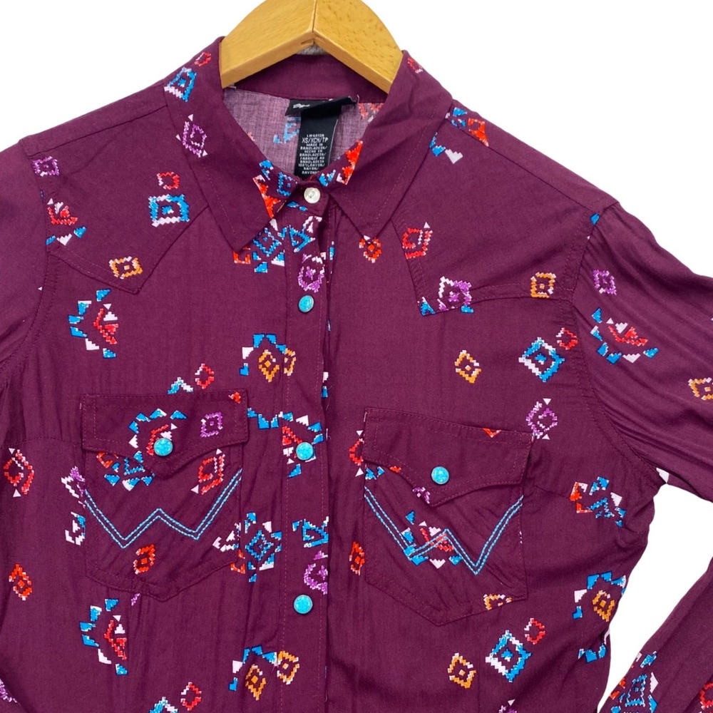 Wrangler Retro Western Snap Shirt Womens XS Burgundy Southwestern Rayon LW4013R